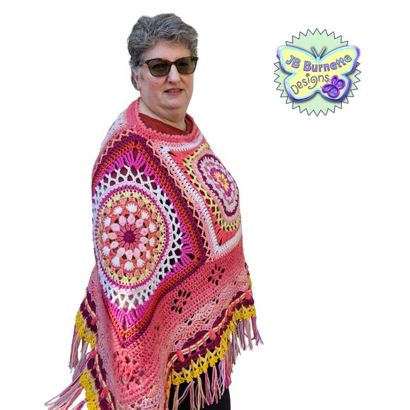 Handmade Crochet Boho Poncho in Orange, Pink, Yellow - Picture 7 of 13